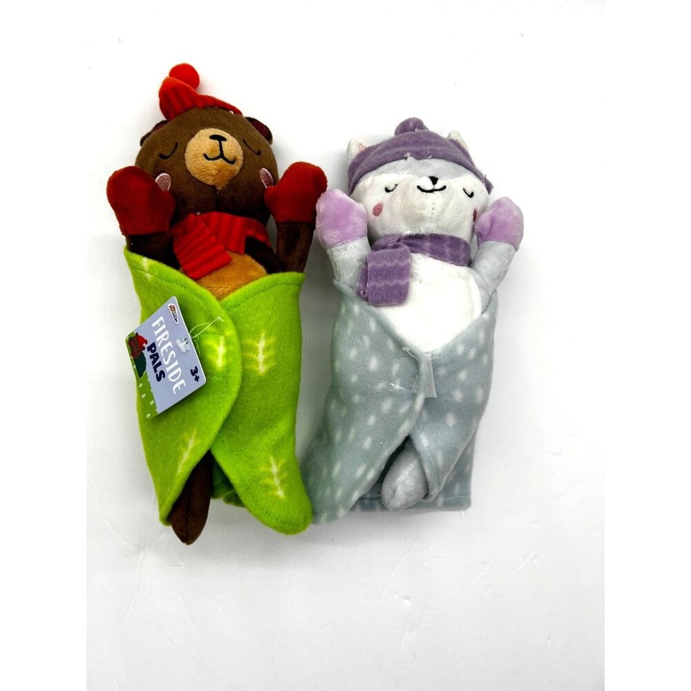 Lot of 2 Target Fireside Pals Fox Purple Blue Blanket & Bear Orange Green Blanke